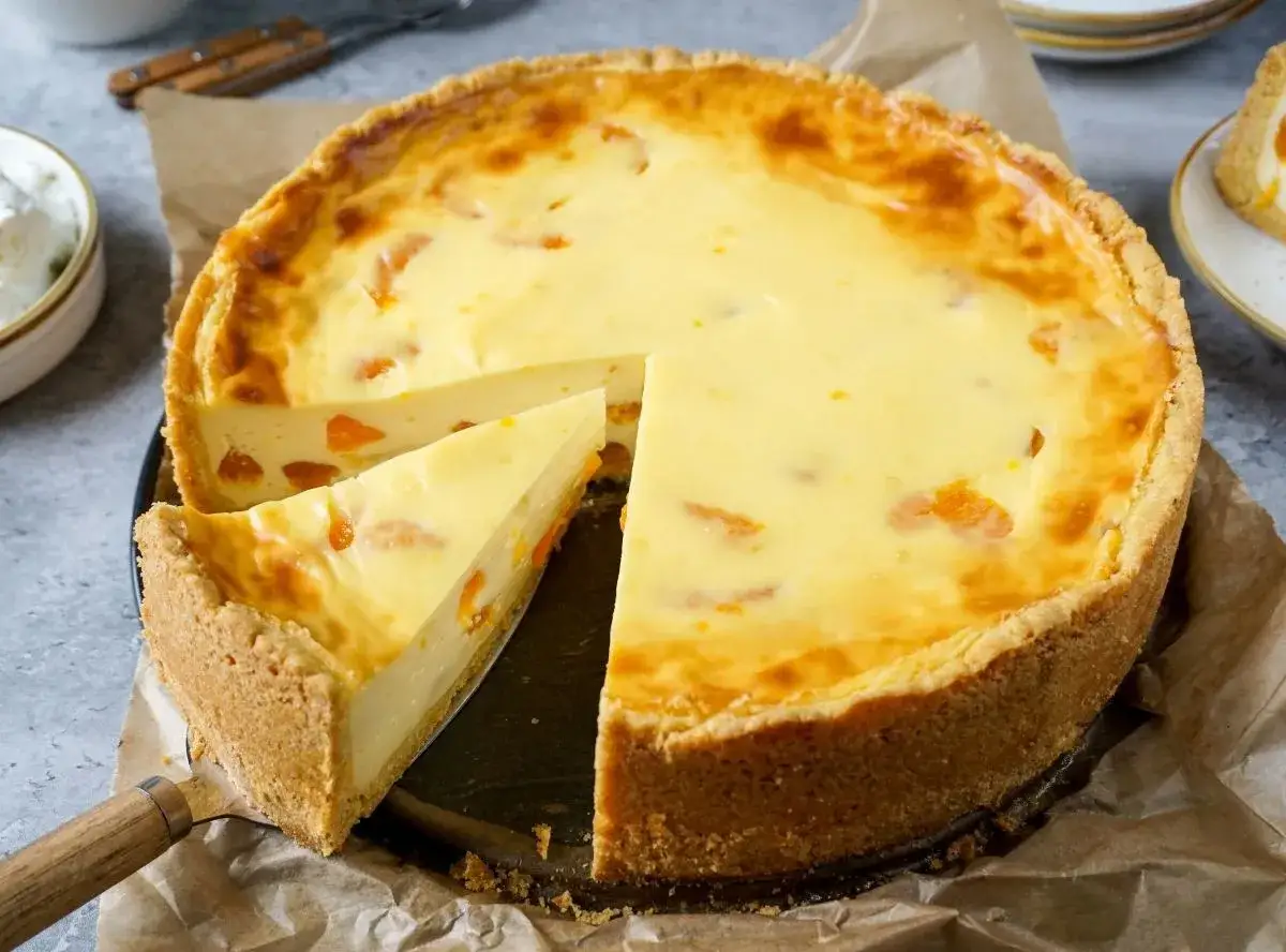 Ein saftiger Mandarinen Schmand Kuchen mit einem knusprigen Boden und cremiger Füllung, verziert mit saftigen Mandarinenstücken.