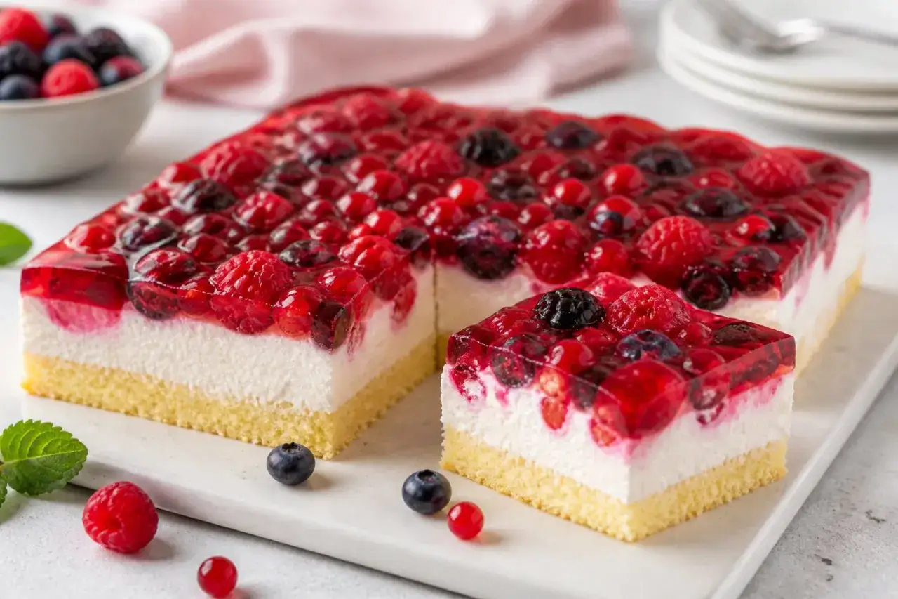 Fruchtiger Kuchen ohne Backen mit Beeren und Gelee. Ein Stück ist bereits angeschnitten.