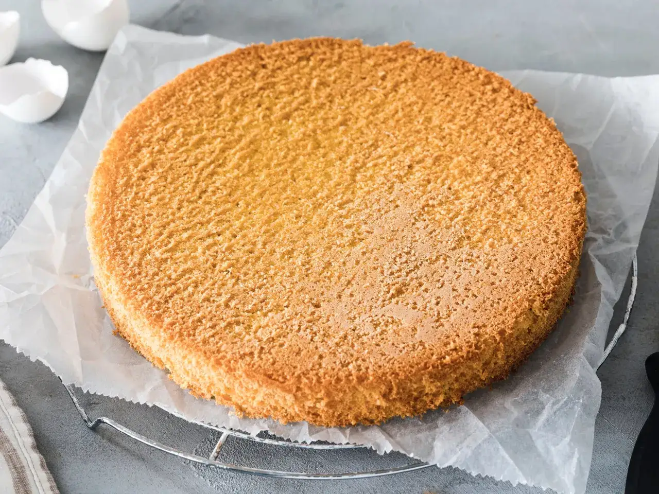 Ein goldbrauner Biskuitboden, perfekt für jedes biskuitboden rezept, liegt auf Backpapier. Eierschalen im Hintergrund deuten auf die Zubereitung hin.