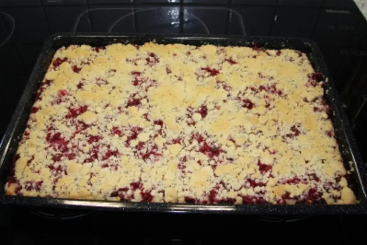 Frisch gebackener Johannisbeer Streuselkuchen in einer rechteckigen Form, bereit zum Genießen.