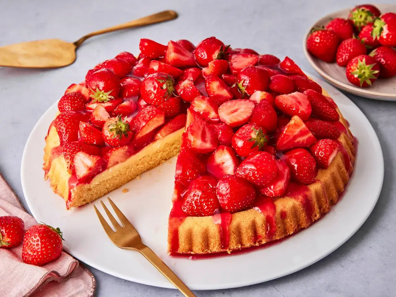 Ein köstlicher glutenfreier Erdbeerkuchen, üppig belegt mit frischen Erdbeeren und glasiert. Ein Genuss für alle Sinne!