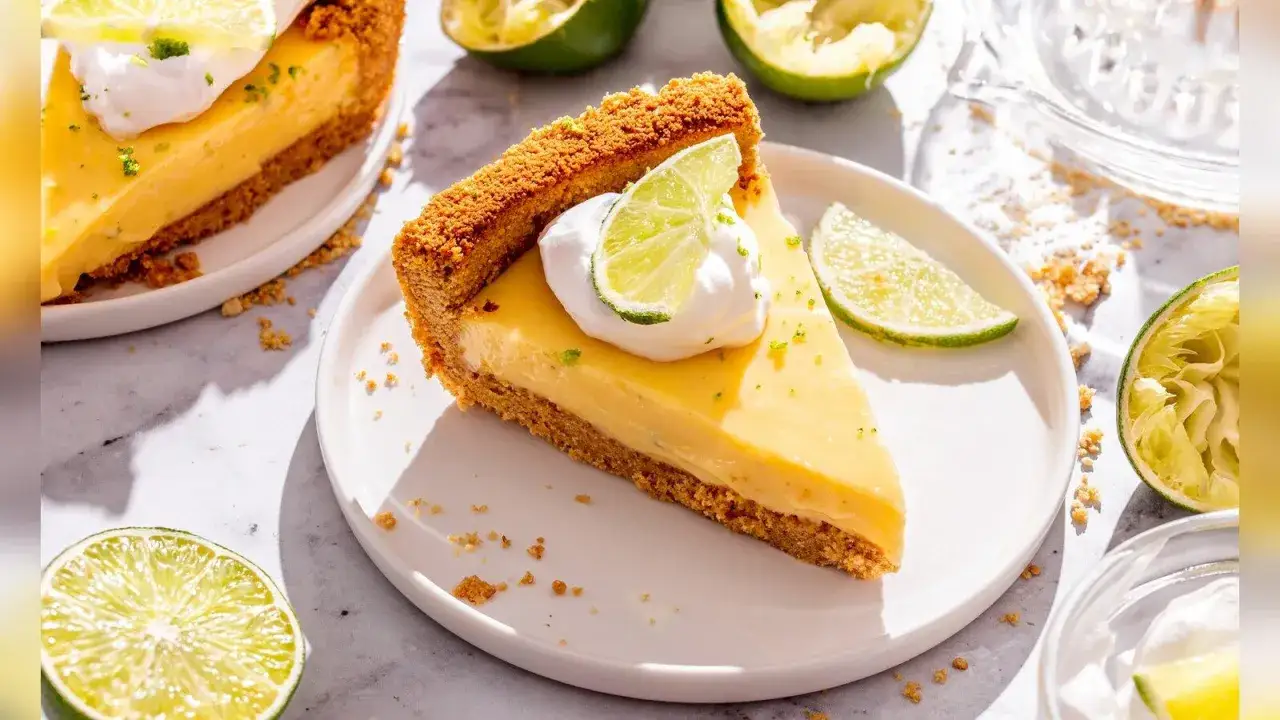Ein Stück cremiger Key Lime Pie mit Schlagsahne und Limettenscheiben.