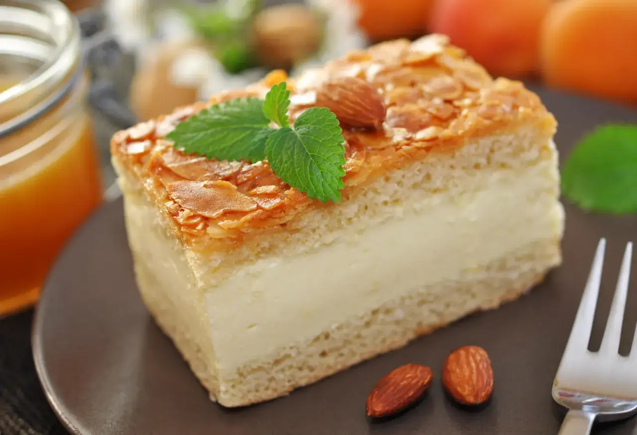 Ein Stück Bienenstich-Kuchen mit Mandel-Topping und cremiger Füllung, daneben Mandeln und ein Glas Honig. Ein leckeres Rezept!