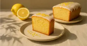 Ein Stück saftiger, veganer Zitronenkuchen mit Zuckerguss und Zitronenschale bestreut. Daneben liegen frische Zitronen.